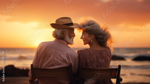 Retirement Bliss: Senior Couple Embracing the Golden Time on Beach at Sunset