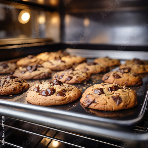 chocolate cookies on tray closed up and selective focus. generative AI