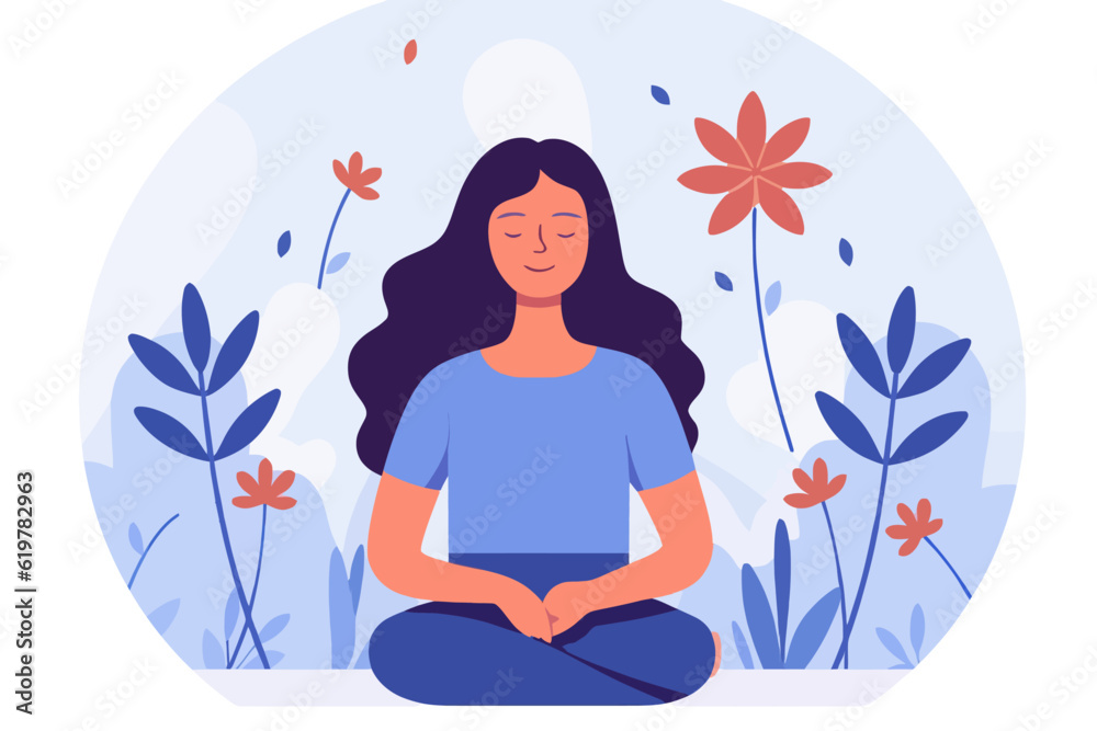 Woman sitting with a flower illustration in the background, good mental health lifestyle and selfcare vector - obrazy, fototapety, plakaty 