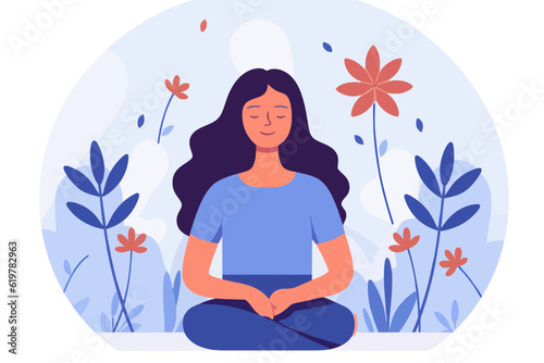 Woman sitting with a flower illustration in the background, good mental health lifestyle and selfcare vector photo