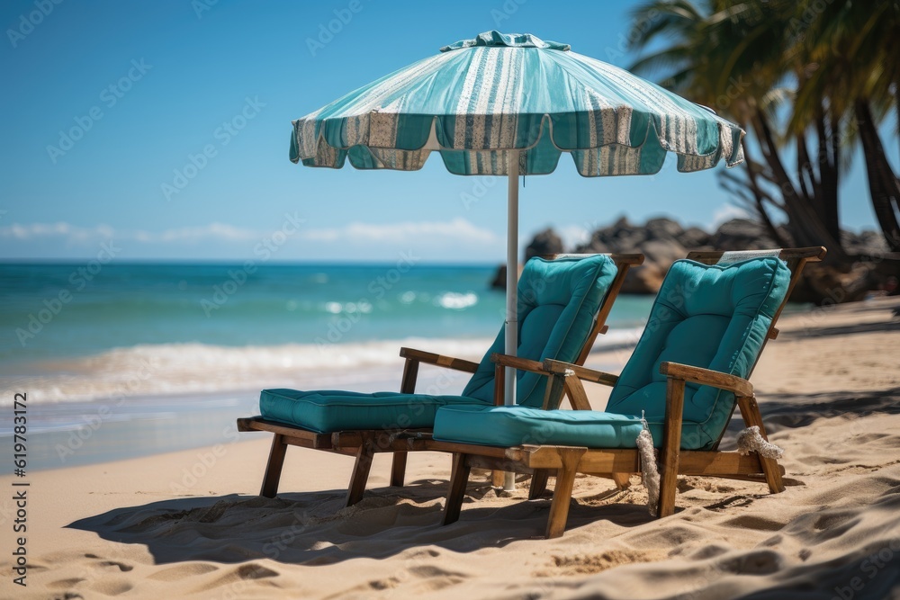 Beach chairs and umbrella on a white sandy beach. Generative AI