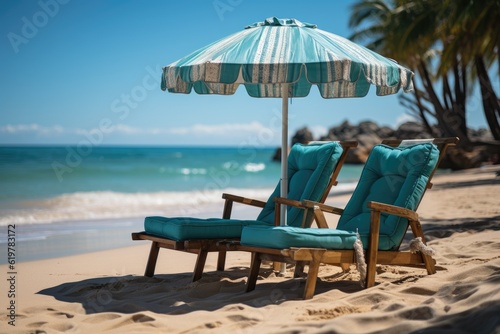 Beach chairs and umbrella on a white sandy beach. Generative AI
