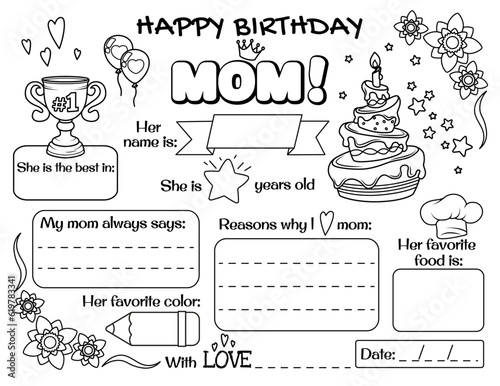 Happy birthday Mom. Personality mother birthday card from kids. Kids printable cards.