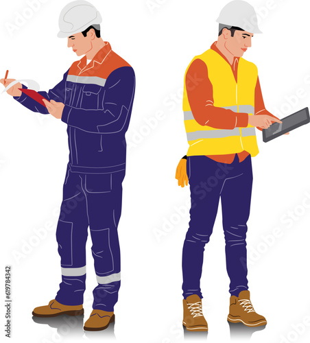 Hand-drawn set of male workers with helmets and vests in different poses and color options. Vector illustration isolated on white