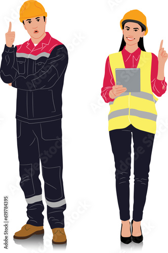 Hand-drawn set of male and female workers with helmets and vests in different poses and color options. Vector illustration isolated on white