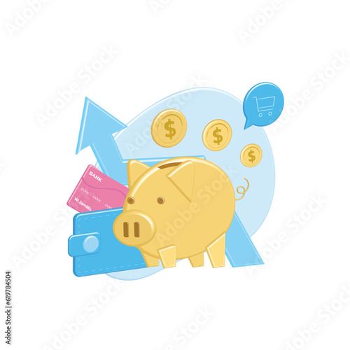 Golden pig piggy bank collects voluminous coins. 3d rich wallet with money, plastic, debit, credit cards. Accumulation of finances, account replenishment for purchases. Banking services, business.