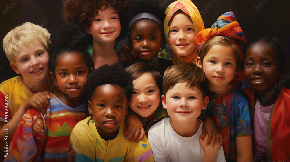 Group of diverse, multicultural children smiling and looking at the camera. Scene depicts diversity, multiculturalism, inclusion, race, culture, unity, global harmony and togetherness.