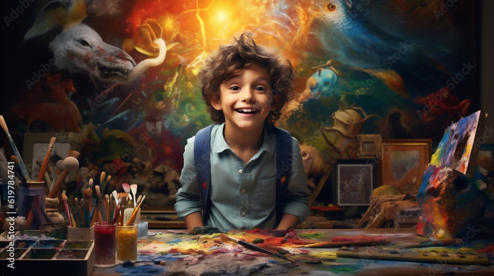 Art Room Filled with Paintings and Supplies Serves as the Backdrop for a Young Prodigy in His Artistic Element - Where Original Ideas and Creative Concepts Come to Life. Generative AI. Art Room Filled with Paintings and Supplies Serves as the Backdrop for a Young Prodigy in His Artistic Element - Where Original Ideas and Creative Concepts Come to Life. Generative AI.