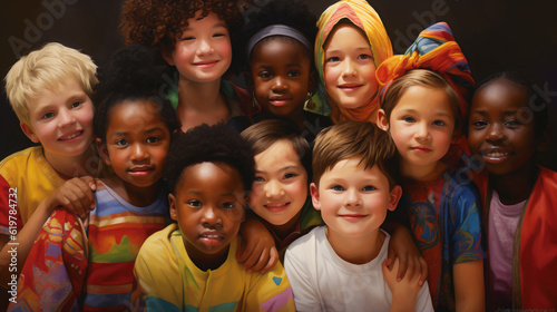 Group of diverse, multicultural children smiling and looking at the camera. Scene depicts diversity, multiculturalism, inclusion, race, culture, unity, global harmony and togetherness.