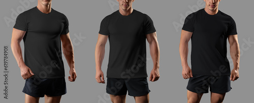 Black sports t-shirt mockup on an athlete, clothes on a muscular guy, front, isolated on background. Set