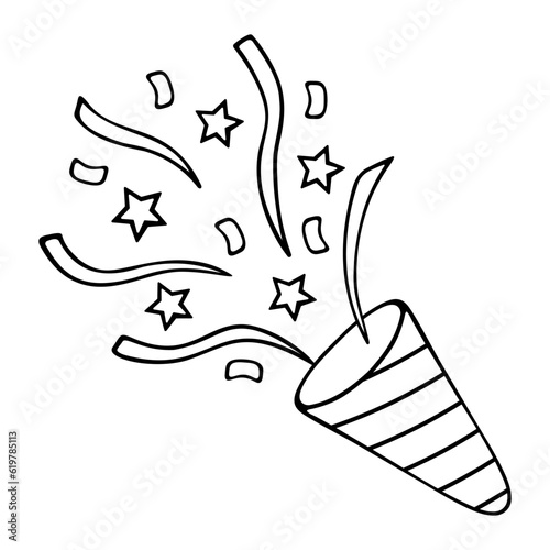 Clapperboard. Ribbons, serpentine and stars fly from the conical shape. Cap with a spiral pattern for a birthday. Vector illustration. Doodle style. Outline on isolated background. Coloring book 