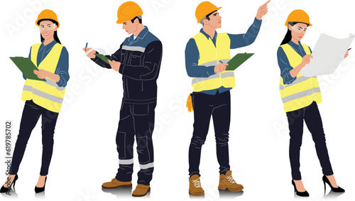 Hand-drawn set of male and female workers with helmets and vests in different poses and color options. Vector illustration isolated on white