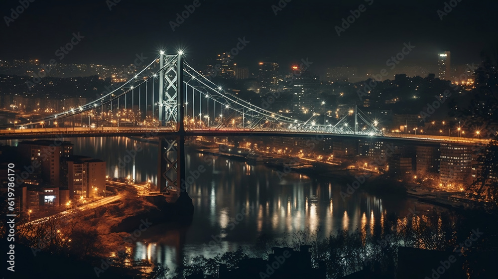Naklejka premium Great bridge in the city at night. Generative AI