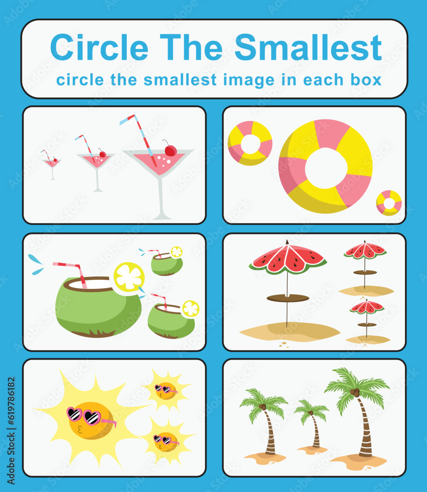 Educational game for children. Circle the smallest object in each box. Printable activity page for kids. Vector file. 