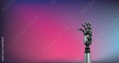 Composite of metallic robot hand isolated over gradient background, copy space