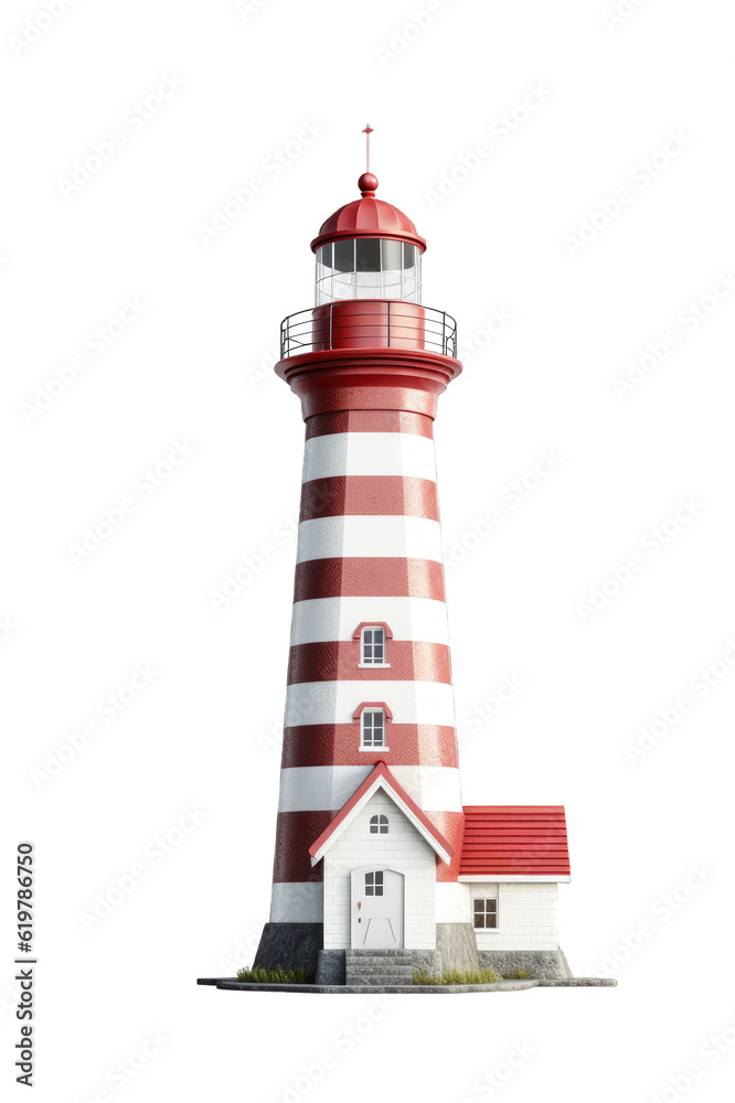 Striped white and red lighthouse on a cutout PNG transparent background. Generative AI