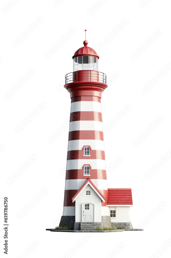 Striped white and red lighthouse on a cutout PNG transparent background. Generative AI Striped white and red lighthouse on a cutout PNG transparent background. Generative AI
