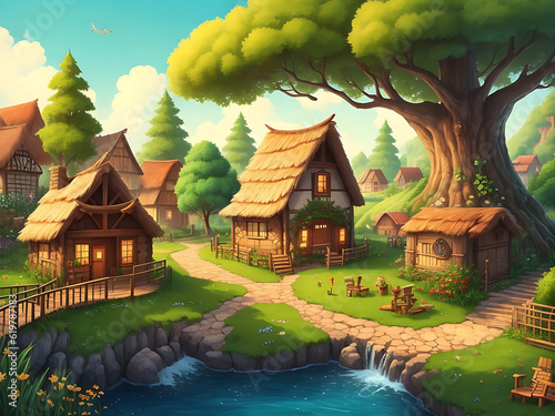 Wonderful natural village illustration ai generator