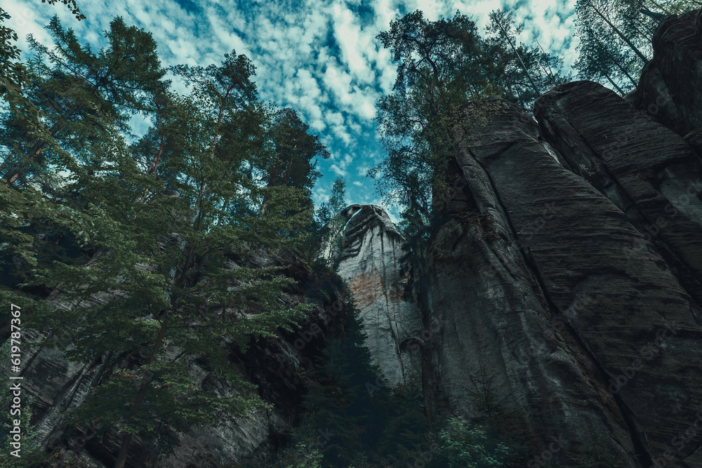 Moody scenics with huge rocks formations and trees growing on stones