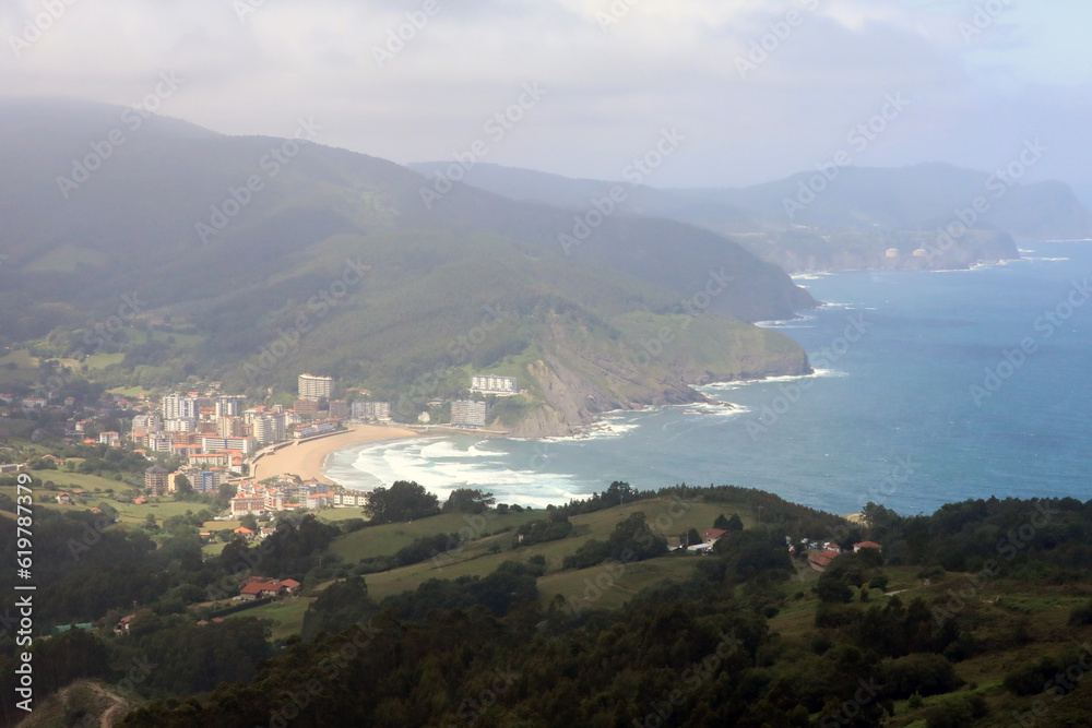 View of the town of Bakio and its beach, in Biscay province of Basque Country, Spain.