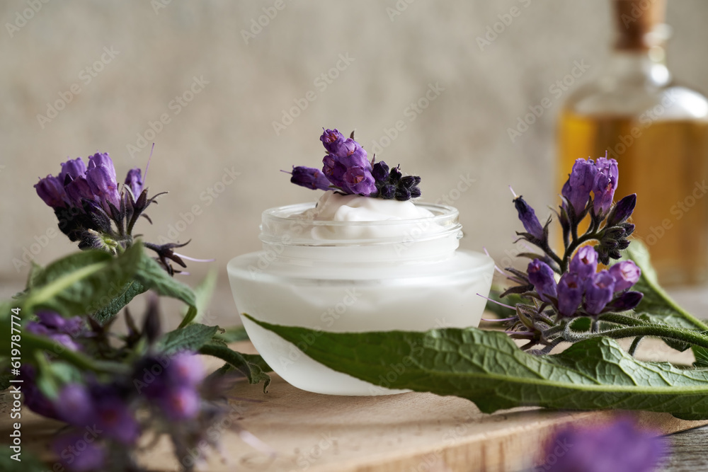 A glass jar of homemade comfrey root ointment with fresh blooming Symphytum plant A glass jar of homemade comfrey root ointment with fresh blooming Symphytum plant