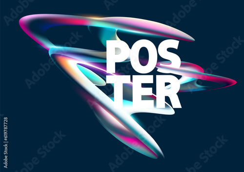 3D light twisted lines. Abstract iridescent shapes on dark background. Vector glass form for poster design.