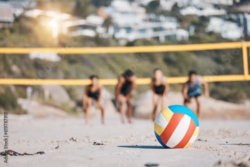 Ball, beach and volleyball sports with people together for fitness challenge or competition. Young men and women or athletes ready for exercise, workout or fun game outdoor in nature, sea or sand