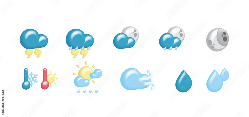 Obraz premium Meteorological set of weather forecast with volumetric, cartoon icons of the sun, clouds, wind, rain, drops, snowflakes with thermometer, thunderstorms, lightning of moon, months. Temperature climat.