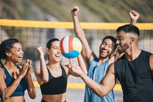 Obraz na płótnie People, volleyball and team celebration on beach for winning, victory or sports achievement in nature