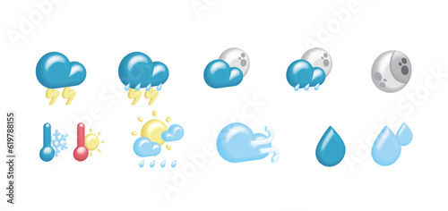 Meteorological set of weather forecast with volumetric, cartoon icons of the sun, clouds, wind, rain, drops, snowflakes with thermometer, thunderstorms, lightning of moon, months. Temperature climat.
