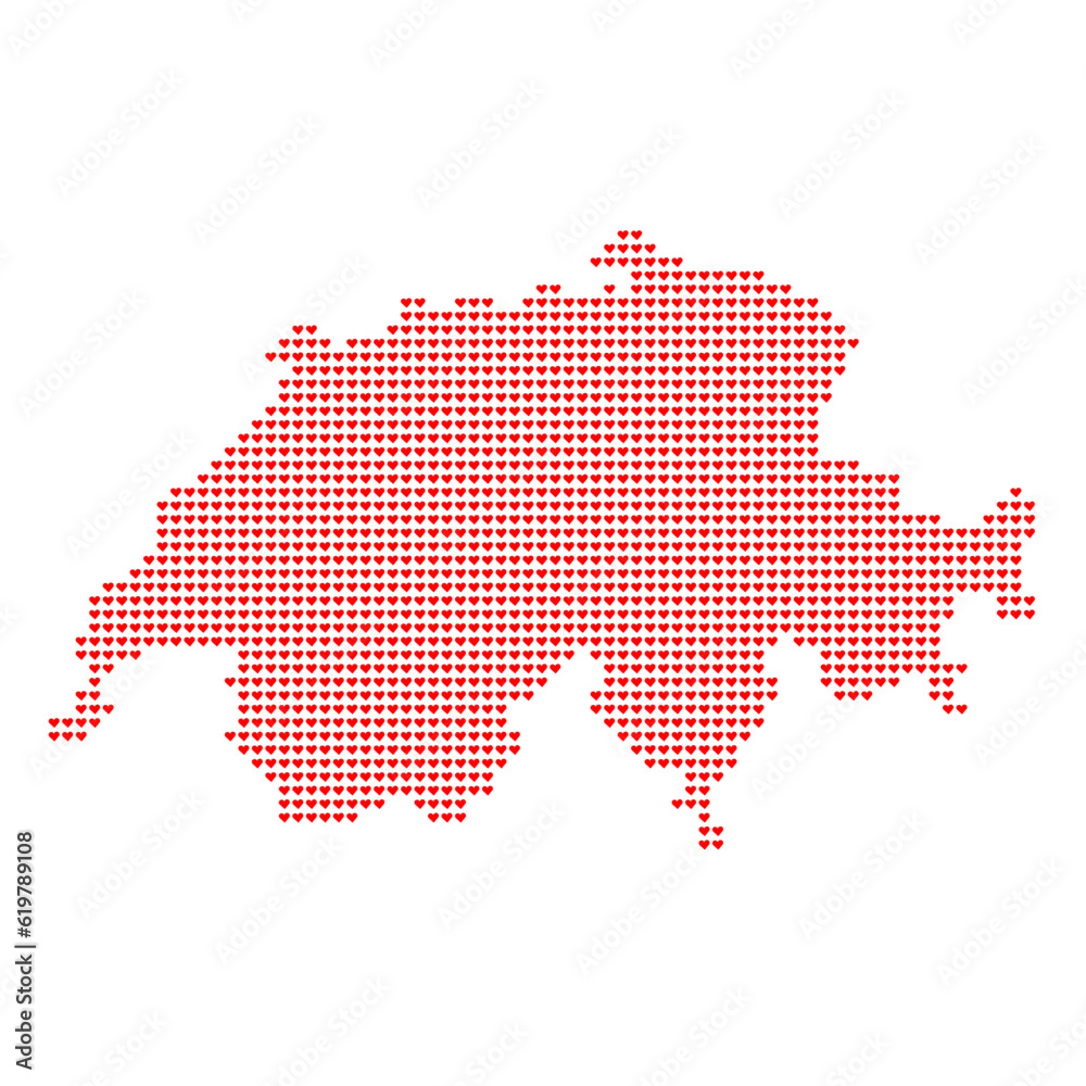 Map of the country of Switzerland in heart emoticons on a white background