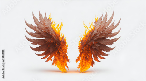 Realistic fire wings isolated on white background. AI generated image.
