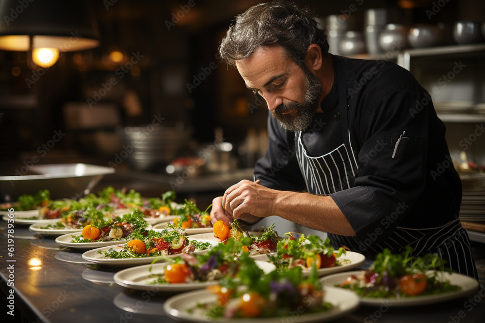 A chef plating a dish with artistic precision, Chef Generative AI A chef plating a dish with artistic precision, Chef Generative AI