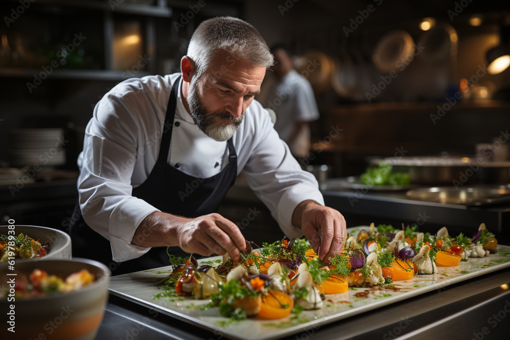 A chef plating a dish with artistic precision, Chef Generative AI