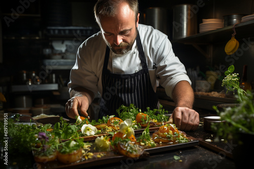 A chef meticulously garnishing a dish with herbs  Chef Generative AI