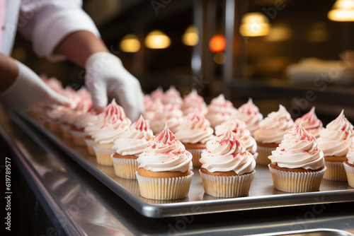 A chef carefully piping frosting onto cupcakes, Chef Generative AI photo