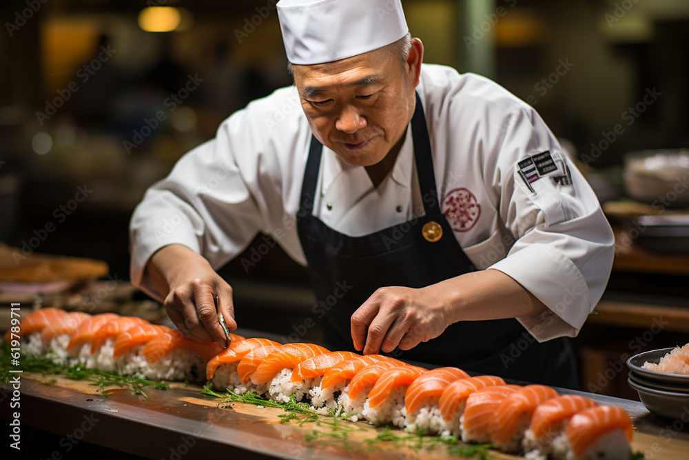 A chef meticulously slicing sushi rolls, Chef Generative AI A chef meticulously slicing sushi rolls, Chef Generative AI