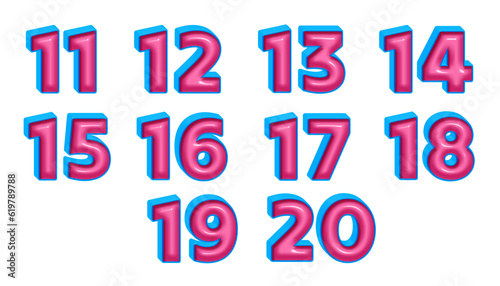 3D number 11,12,13,14,15,16,17,18,19,20 blue pink glosy color