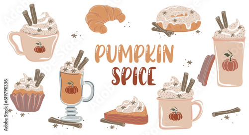 Pumpkin spice. Set of autumn pumpkins drinks and desserts. Muffin, donut, pie, croissant and latte with whipped cream and cinnamon for autumn design. Vector illustration