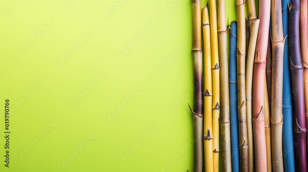 Bamboo shoots on colorful background. empty copy space on the side for text. Bright Vibrant colors. Generative AI. Bamboo shoots on colorful background. empty copy space on the side for text. Bright Vibrant colors. Generative AI.