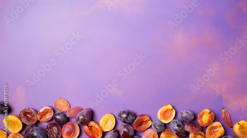 Dried plums on colorful background. empty copy space on the side for text. Bright Vibrant colors. Generative AI.