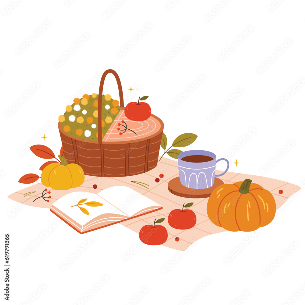 Autumn picnic. Basket with fruits and chrysanthemums on a blanket. Pumpkin, coffee and a book. Cute autumn illustration Autumn picnic. Basket with fruits and chrysanthemums on a blanket. Pumpkin, coffee and a book. Cute autumn illustration