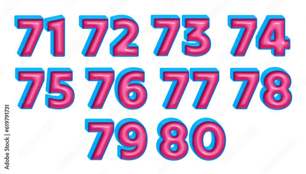 3D number 71,72,73,74,75,76,77,78,79,80 blue pink glossy color 3D number 71,72,73,74,75,76,77,78,79,80 blue pink glossy color