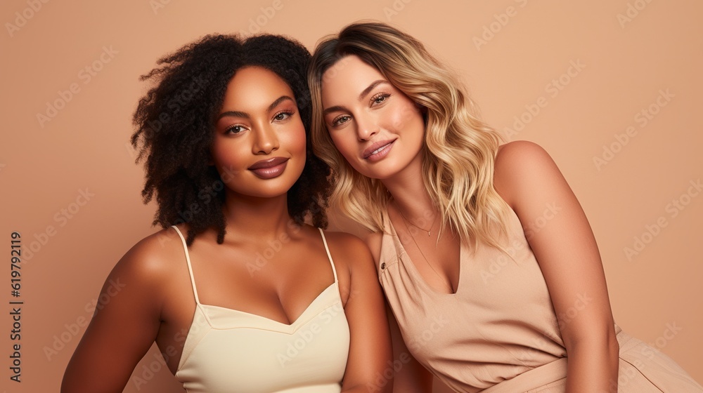 Portrait, beauty and plus size with black woman friends in studio on a beige background for body positivity. Makeup, diversity or wellness with a model female with generative ai Portrait, beauty and plus size with black woman friends in studio on a beige background for body positivity. Makeup, diversity or wellness with a model female with generative ai