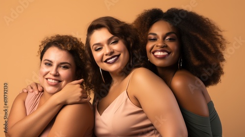 Portrait, beauty and plus size with black woman friends in studio on a beige background for body positivity. Makeup, diversity or wellness with a model female with generative ai