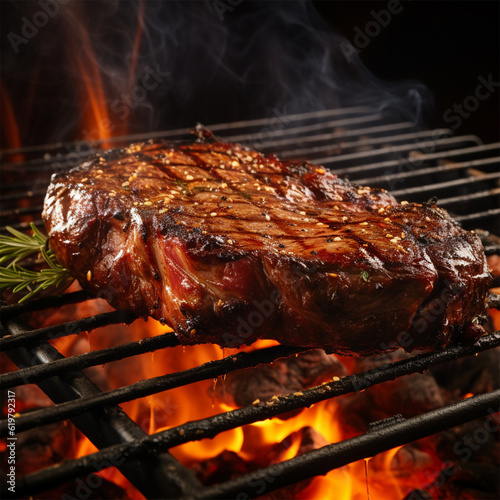 Grilling ribeye steak on flaming grill