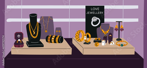 Jewelry store showcase. Luxury shop. Precious metals and stones. Engagement rings. Gold earrings or bracelets. Jewel pendants with diamonds. Golden wristwatch. Garish vector concept