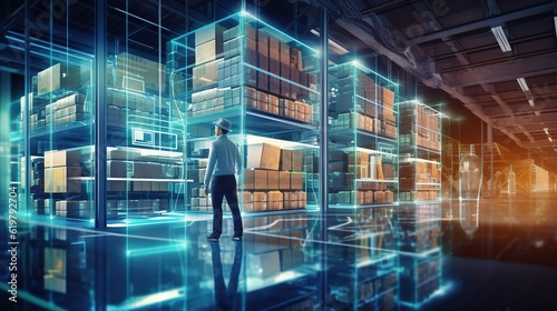 Smart warehouse management system identifies package selection and delivery using augmented reality technology. Future supply chain and logistics business concept, generative ai