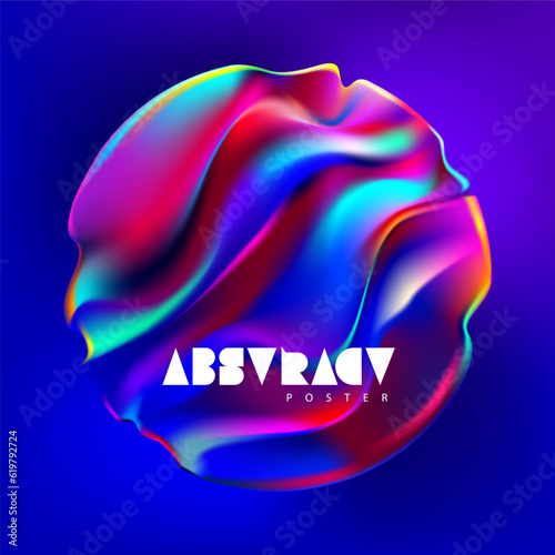  Fluid 3D sphere. Colored liquid ball on dark background. Vector  geometric shape for poster and cover design.