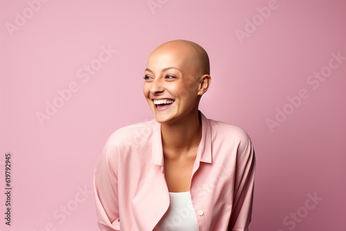 Studio portrait of a happy cancer patient against a pink background © ink drop